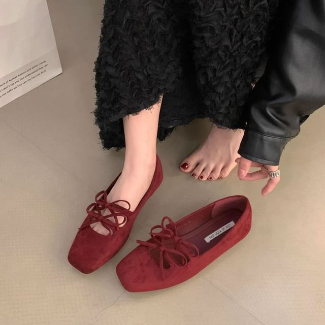 Square Toe Plain Bow Accent Mary Jane Flats