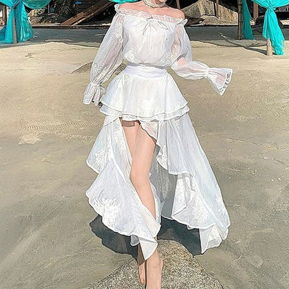 Long-Sleeve Off-The-Shoulder Plain Ruffle High Low Maxi A-Line Dress