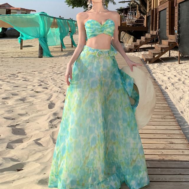 Set: Sleeveless Floral Crop Top + High Rise Floral Maxi A-Line Skirt