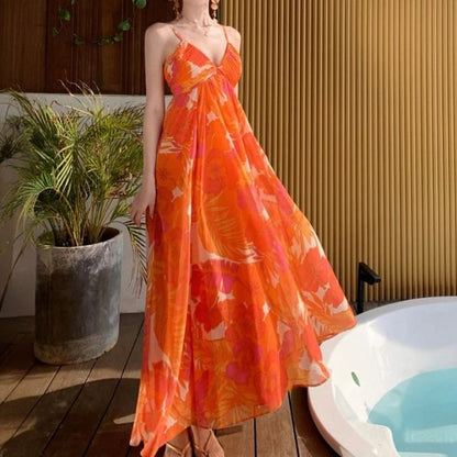 Spaghetti Strap V-Neck Floral Print Maxi A-Line Dress