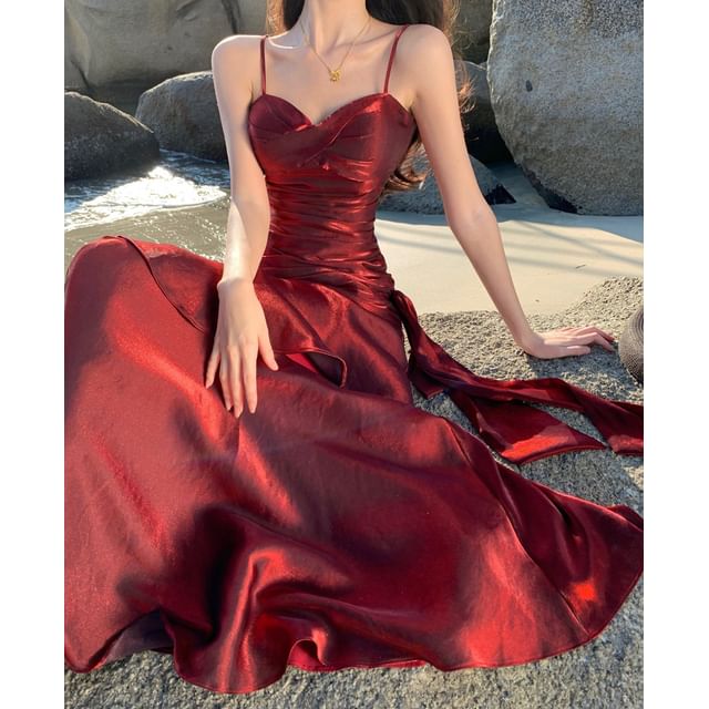 Glitter Strap Evening Spaghetti A-Line Plain Gown
