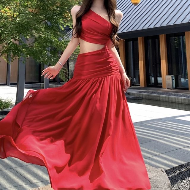 Sleeveless One Shoulder Plain Ruched Maxi A-Line Dress