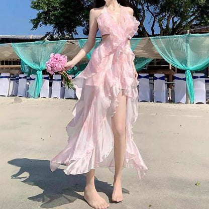 Set: V-Neck Halter Floral Crop Top + High Waist Midi A-Line Skirt