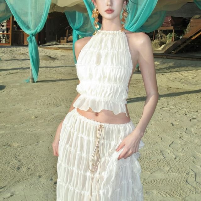 Set: Halter Neck Crop Cami Top + High Rise Plain Maxi A-Line Skirt