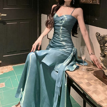 Spaghetti Strap Plain Glitter A-Line Evening Gown