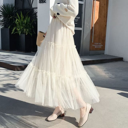 Tulle Midi A-Line Skirt with Tiered Frill and Elastic Waist