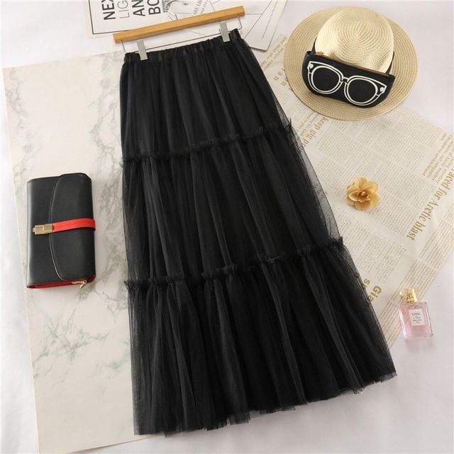Tulle Midi A-Line Skirt with Tiered Frill and Elastic Waist