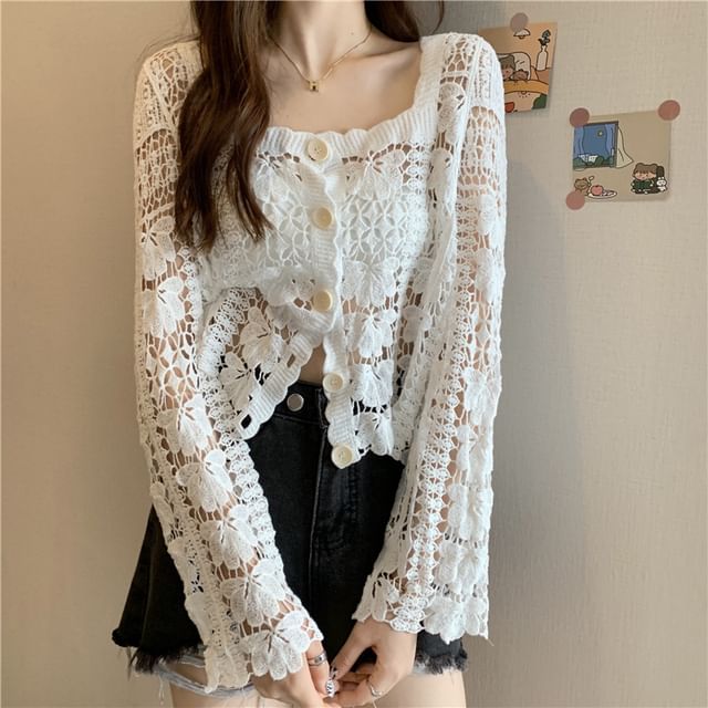 Square Neck Floral Crochet Cropped Cardigan