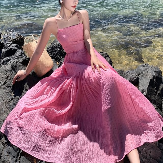 Spaghetti Strap Plain Textured Maxi A-Line Dress