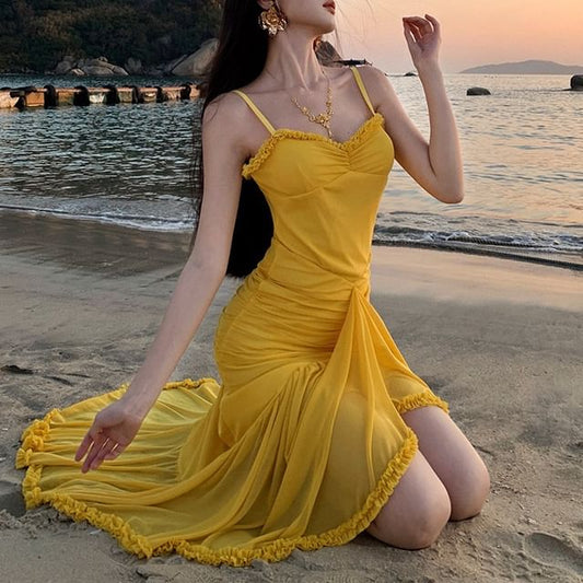 Spaghetti Strap V-Neck Plain Ruffle Hem Bodycon Maxi Dress