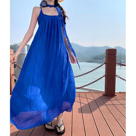 Spaghetti Strap Scoop Neck Plain Ruffle Trim Maxi A-Line Dress