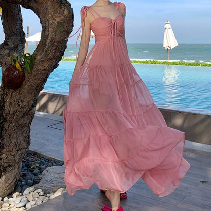 Spaghetti Strap V-Neck Plain Ruffle Trim Maxi A-Line Dress