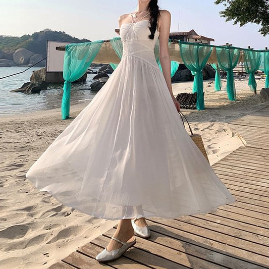 Spaghetti Strap Plain Ruched Maxi A-Line Dress