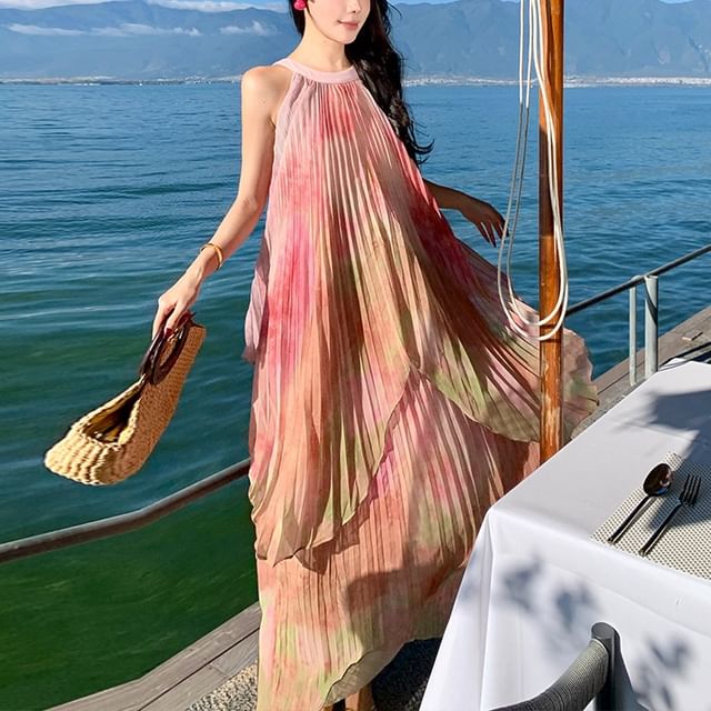 Sleeveless Crew Neck Pleated Tie Dye Maxi A-Line Dress