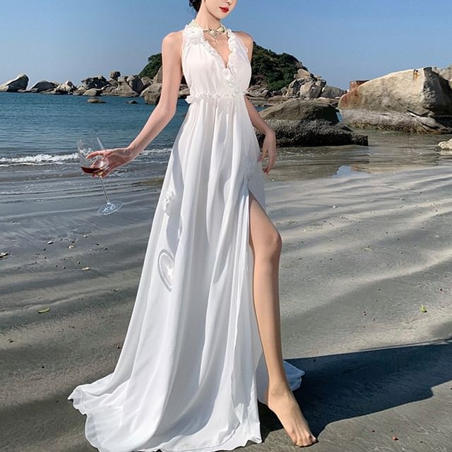 Sleeveless V-Neck Plain Slit Maxi A-Line Dress