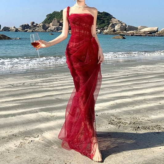 Sleeveless One Shoulder Sheer Ruffle Sequin Maxi Evening Gown