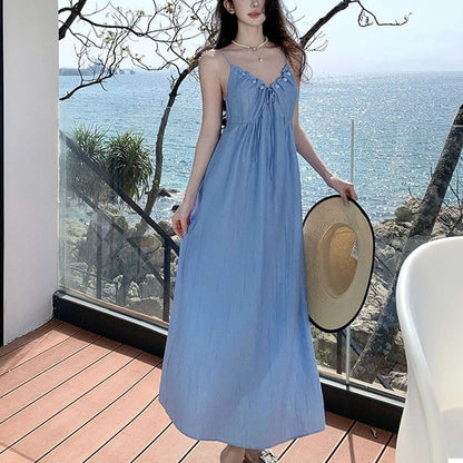 Spaghetti Strap V-Neck Plain Ruched Maxi A-Line Dress