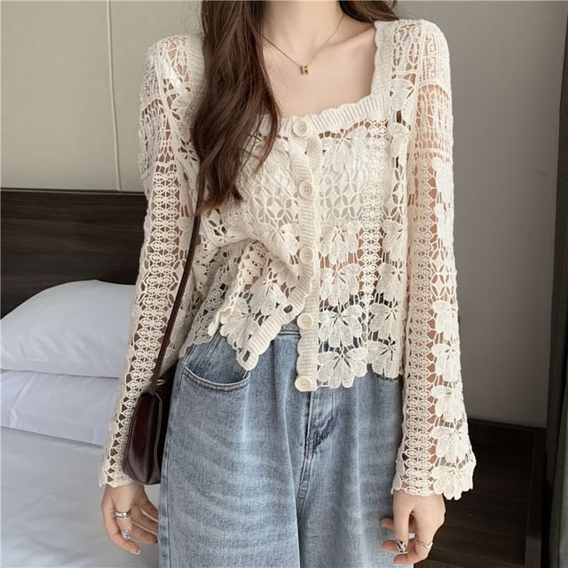 Square Neck Floral Crochet Cropped Cardigan