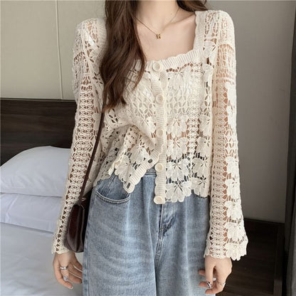 Square Neck Floral Crochet Cropped Cardigan