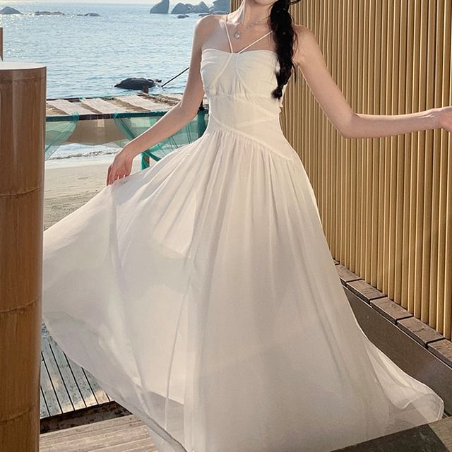 Spaghetti Strap Plain Ruched Maxi A-Line Dress