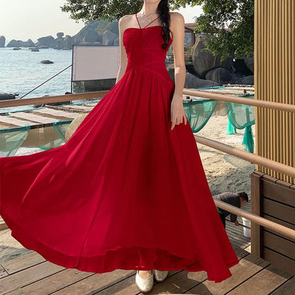 Spaghetti Strap Plain Ruched Maxi A-Line Dress