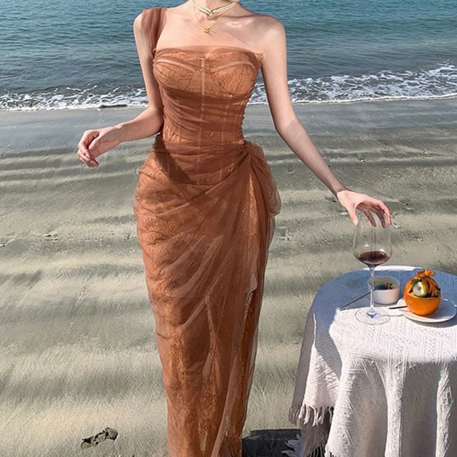 Sleeveless One Shoulder Sheer Ruffle Sequin Maxi Evening Gown