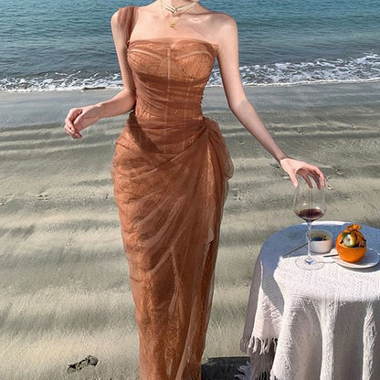 Sleeveless One Shoulder Sheer Ruffle Sequin Maxi Evening Gown