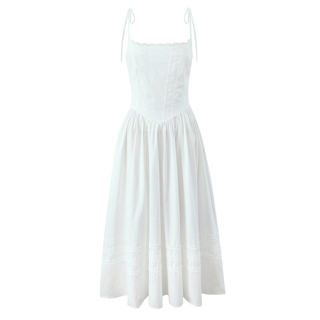Lace Trim Fishbone Maxi A-Line Dress with Spaghetti Straps