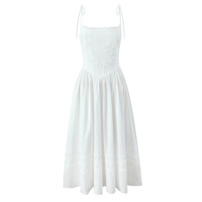 Lace Trim Fishbone Maxi A-Line Dress with Spaghetti Straps