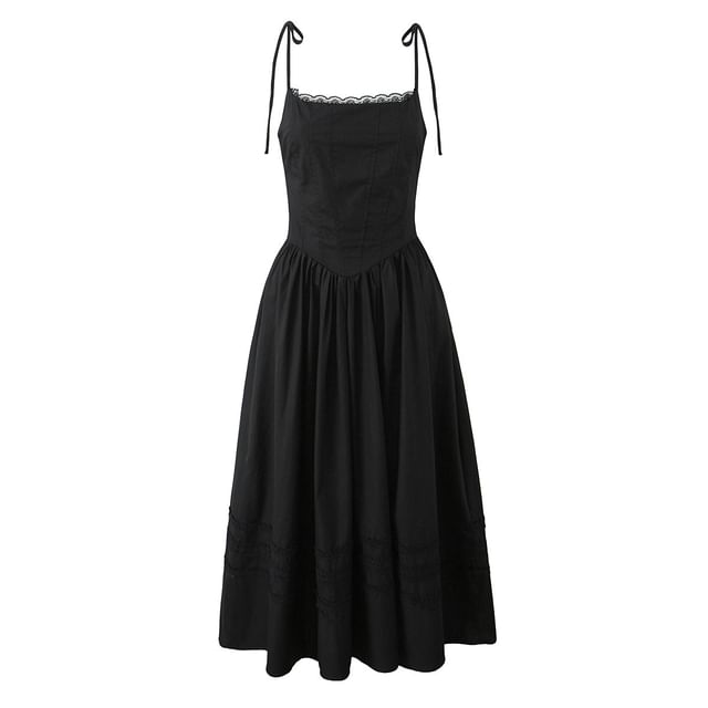 Lace Trim Fishbone Maxi A-Line Dress with Spaghetti Straps