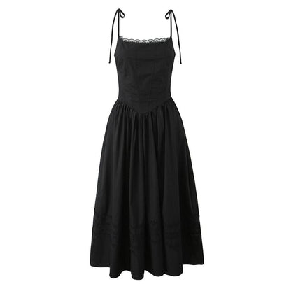 Lace Trim Fishbone Maxi A-Line Dress with Spaghetti Straps
