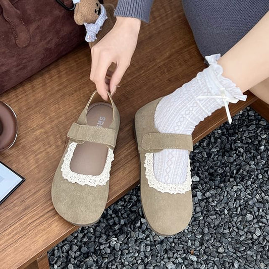 Lace Trim Faux Suede Mary Jane Flats
