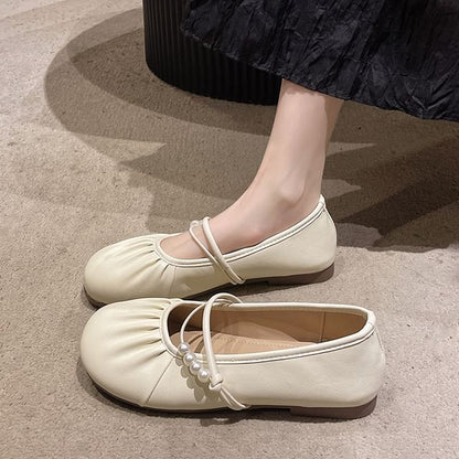 Ruched Faux Pearl Beaded Mary Jane Flats