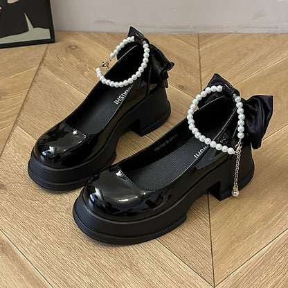 Platform Bow Ankle Strap Patent Leather Pumps