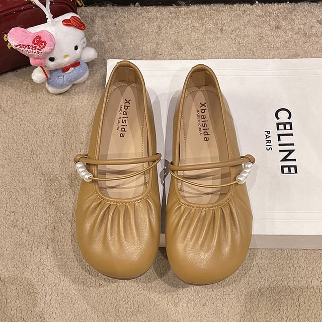 Ruched Faux Pearl Beaded Mary Jane Flats