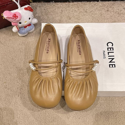 Ruched Faux Pearl Beaded Mary Jane Flats