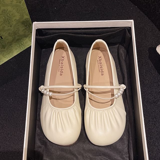 Ruched Faux Pearl Beaded Mary Jane Flats