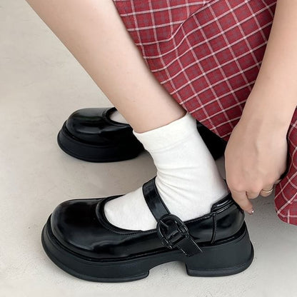 Platform Plain Buckled Faux Leather Mary Jane Shoes