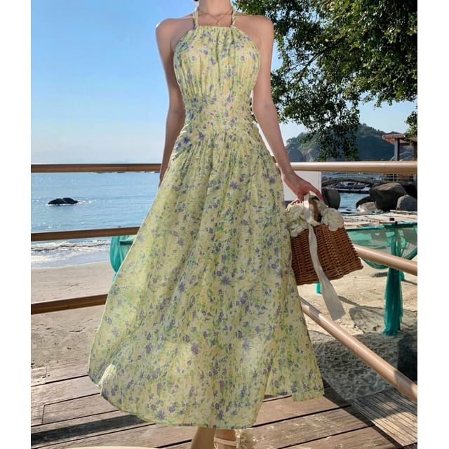 Halter Neck Flower Print Midi A-Line Dress
