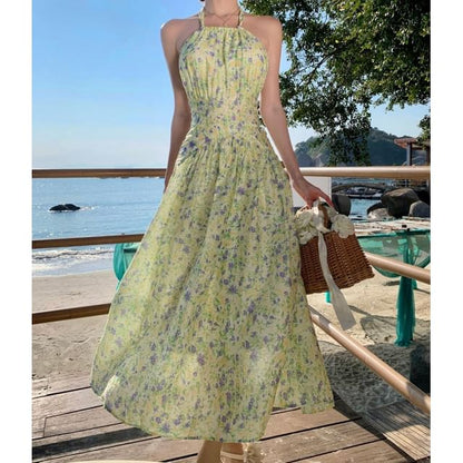Halter Neck Flower Print Midi A-Line Dress