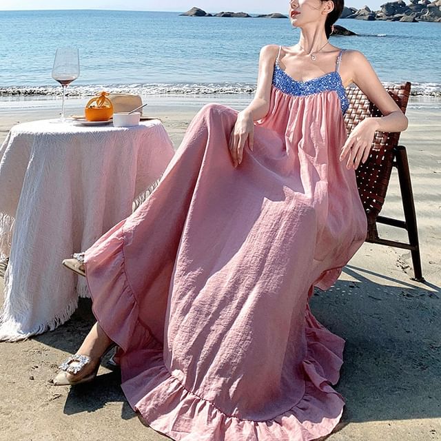 Spaghetti Strap Sequined Panel Ruffle Hem Maxi A-Line Dress