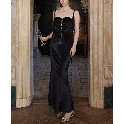 Spaghetti Strap Sweetheart Neck Plain Ruched Maxi Sheath Dress