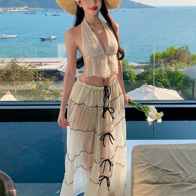 Set: Sleeveless V-Neck Plain Crop Top + Mid Rise Bow Detail Maxi A-Line Skirt