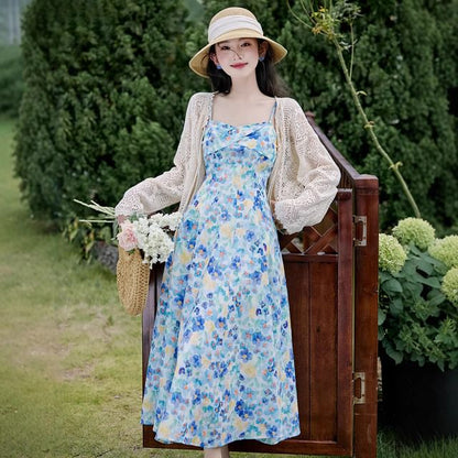 Spaghetti Strap Floral Print Midi A-Line Dress / Cardigan / Set