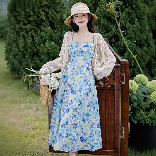 Spaghetti Strap Floral Print Midi A-Line Dress / Cardigan / Set