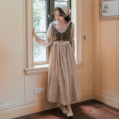 Sleeveless V-Neck Plain Crop Top / Long-Sleeve Plaid Maxi A-Line Dress / Set