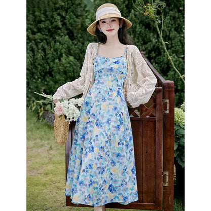 Spaghetti Strap Floral Print Midi A-Line Dress / Cardigan / Set