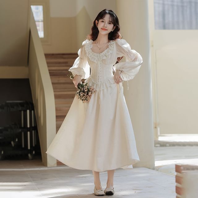 Long-Sleeve V-Neck Plain Midi A-Line Dress / Veil / Set