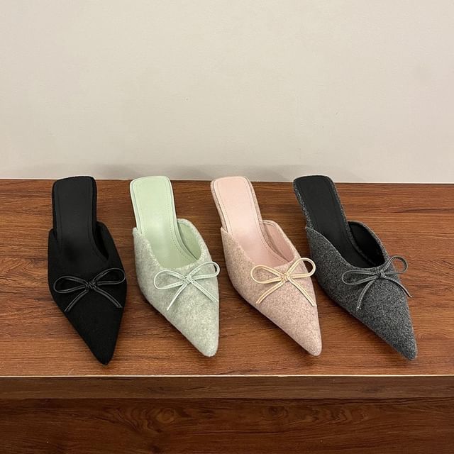 Chunky Heel Pointed Toe Plain Bow Accent Mules