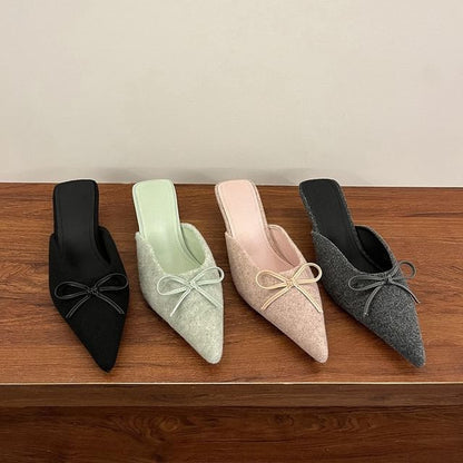Chunky Heel Pointed Toe Plain Bow Accent Mules